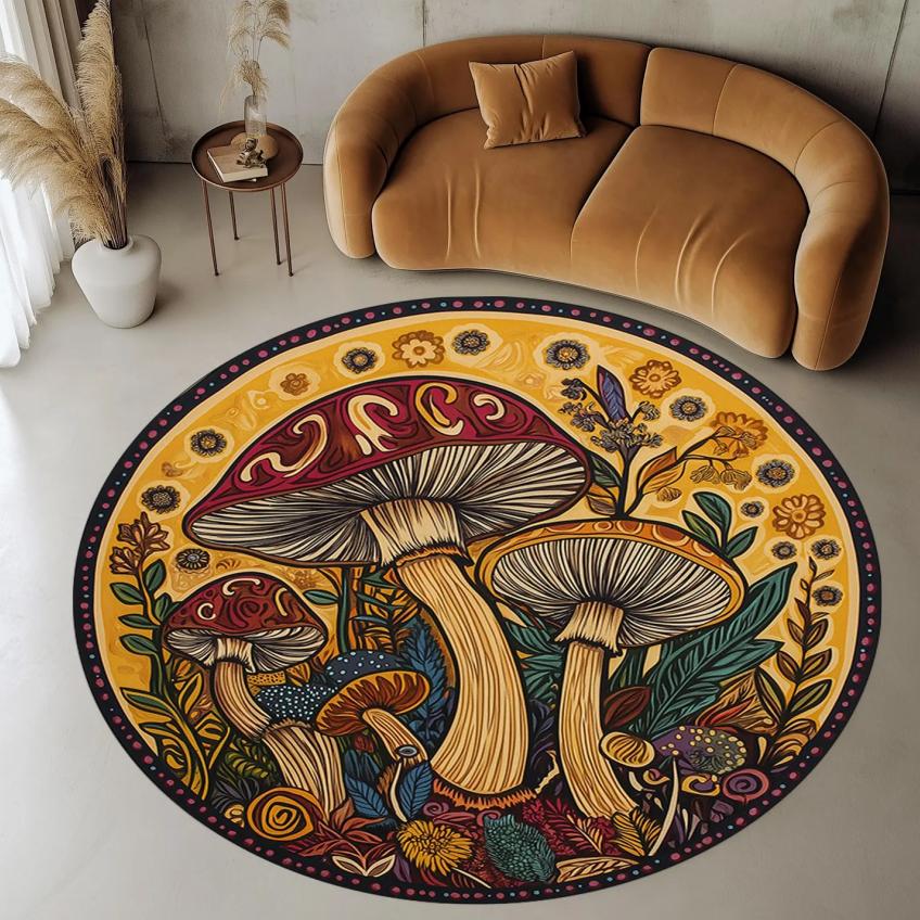 Mushroom Round Rug Red Cap Toadstools Night Garden Decor Washable Indoor Accent Bathroom Carpet Living Room Home Office Hallway
