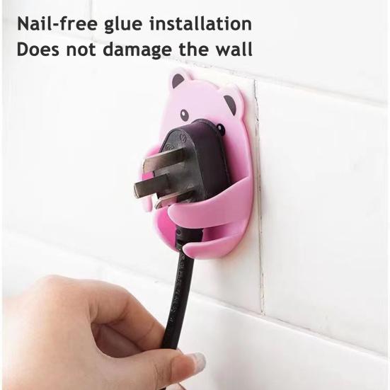 Cute Bear Plugs Holders Adhesive Wall Hook Plastic Phone Charger Holders No Drilling Needed Wall Mounted Organizer for Plugs Charger Storage