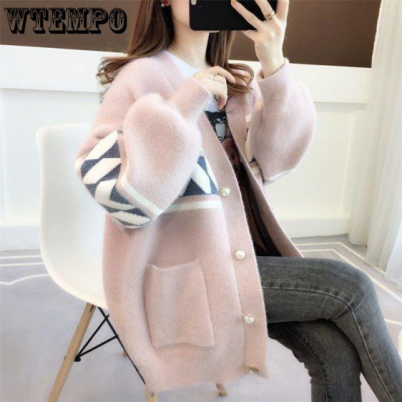 Autumn Winter Knitted Leopard Sweaters Women Korean V Neck Thick Print Cardigan Coat Loose Button Outwear
