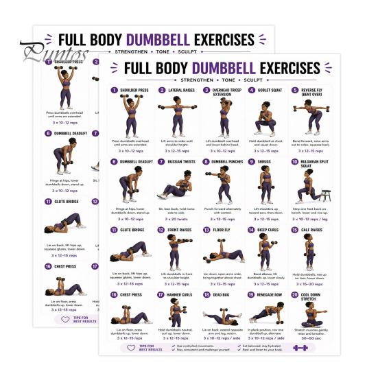 Professional Weight Training Chart 2 Pcs Dumbbell Workout Poster, Full Body Exercise Lifting Instruction Poster Wall Art, Strength Fitness Guide