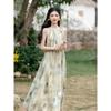 Sanya seaside skirt French loose temperament dress ink smudge printing suspenders holiday wind beach skirt summer