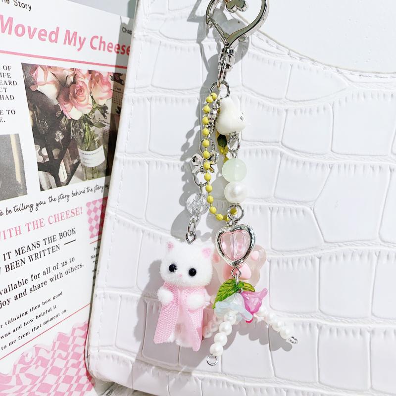 Cute Cartoon Flocking Cat Dog Beaded Keychain Pendant Headphone Case Charm  Backpack Decoration Car Key Ring Gifts