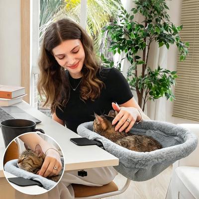 Desk Side Cat Bed Plush Foldable Cat Bed with C-Clamp Heavy Duty Table Pet Perch Table-Side Cat Hammock Bed with Washable Pad for Indoor Cats