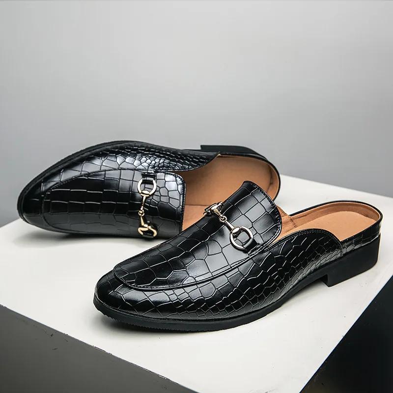 Fashion Leather Black Men’s Half Shoes for Men Party Shoes Casual Designer Shoes Fashion Loafers Luxury Black Slippers New Summer