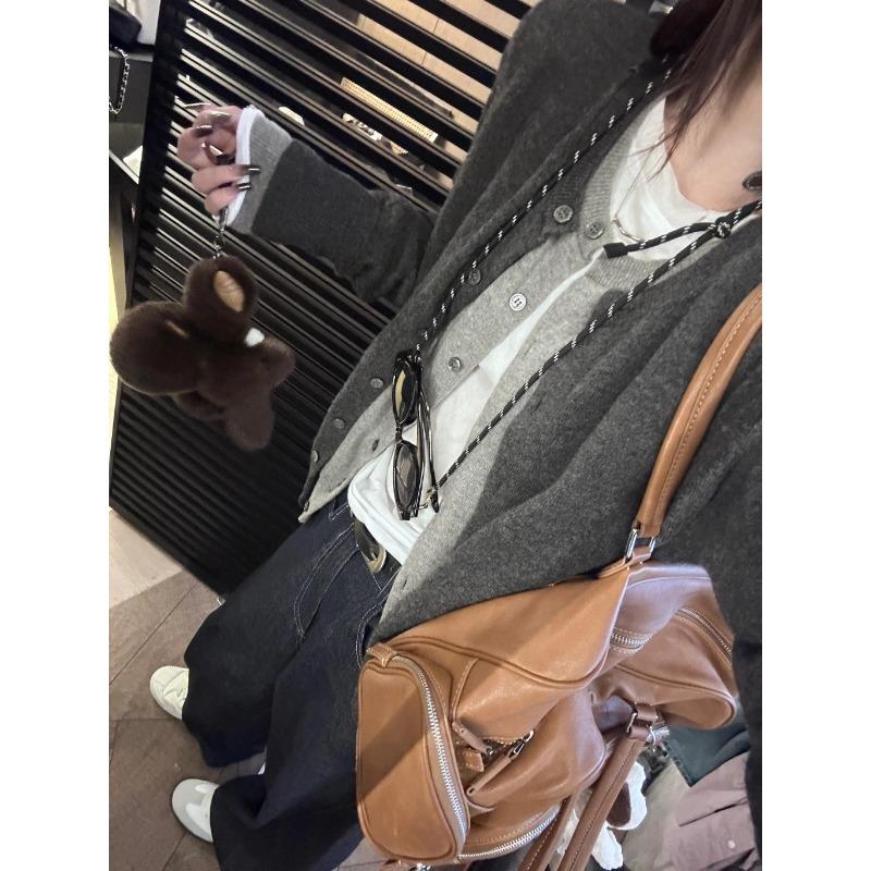 Layer Contrasting Color Splicing Fake Two-piece Top Cardigan Women's Autumn and Winter Soft Waxy Lazy Knitted Sweater Jacket