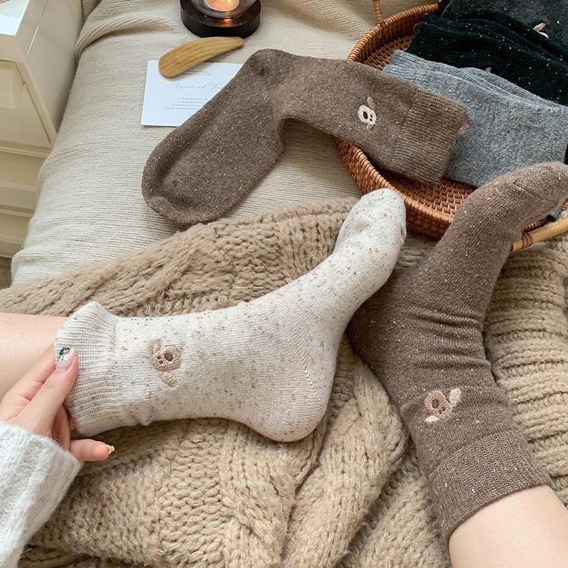 Female Autumn and Winter Thickened Warm Cute Cartoon Embroidered Puppy Wool Drum Pile Socks