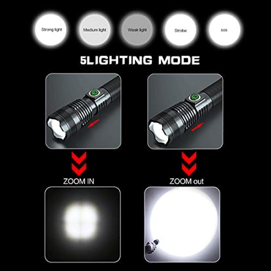 USB Rechargeable Ultra Bright XHP70 8000 Lumens LED Torch 5 Modes for Outdoor Emergencies Flashlight, Flashlight, Light, Zoomable, Waterproof, Hiking,