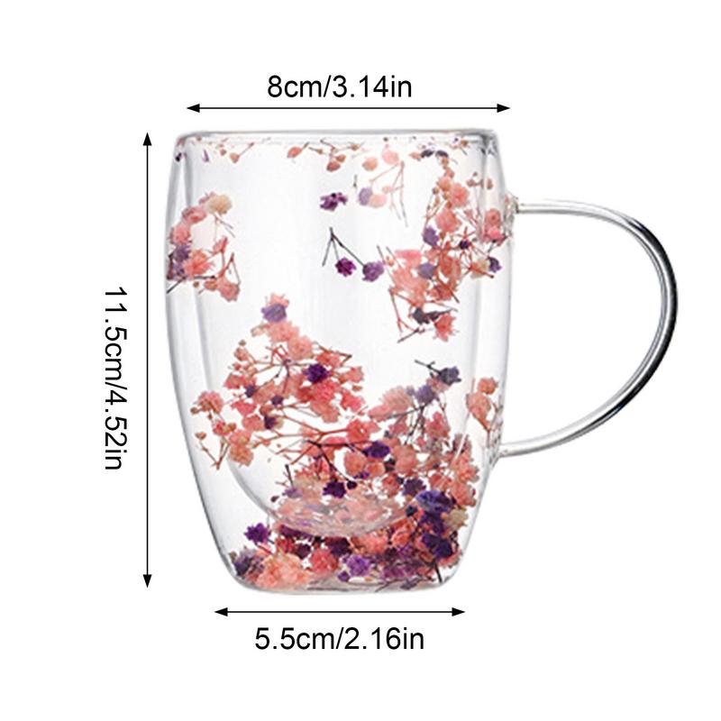 Kreativer doppelwandiger Glasbecher, Kaffeebecher mit echtem getrockneten Blumenfüller, Becher aus Borosilikatglas mit Henkel, handgefertigte Deko-Geschenke