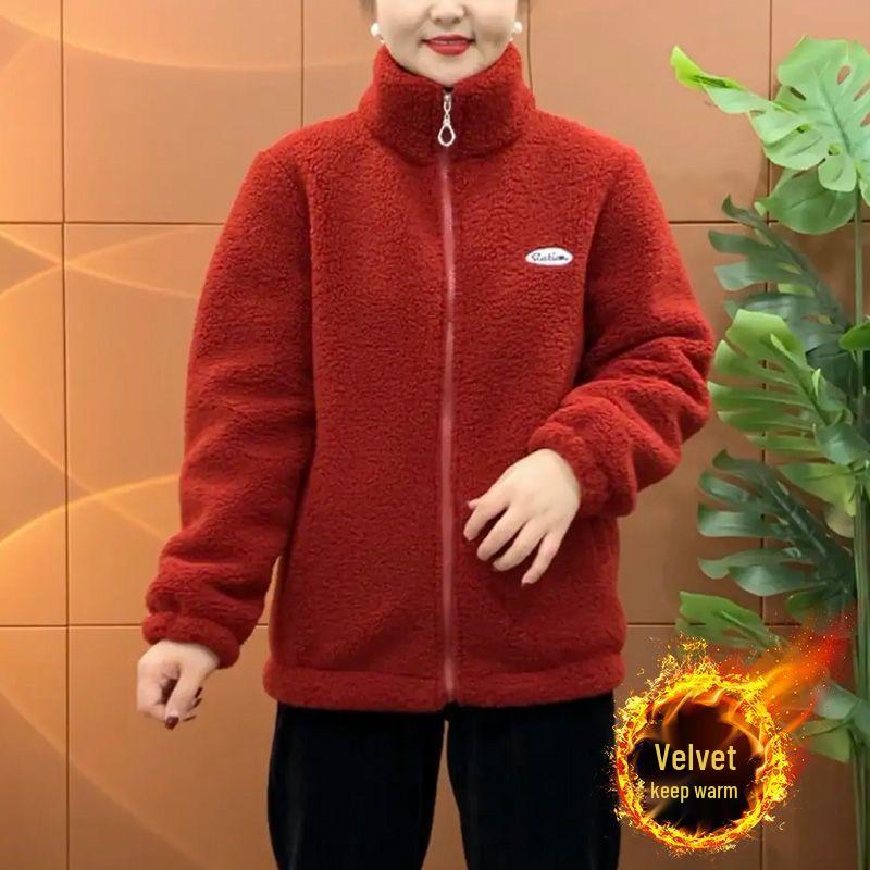 Autumn/Winter Fleece-Lined Outerwear for Middle-Aged Women: Warm, Thick, Loose Cotton Top