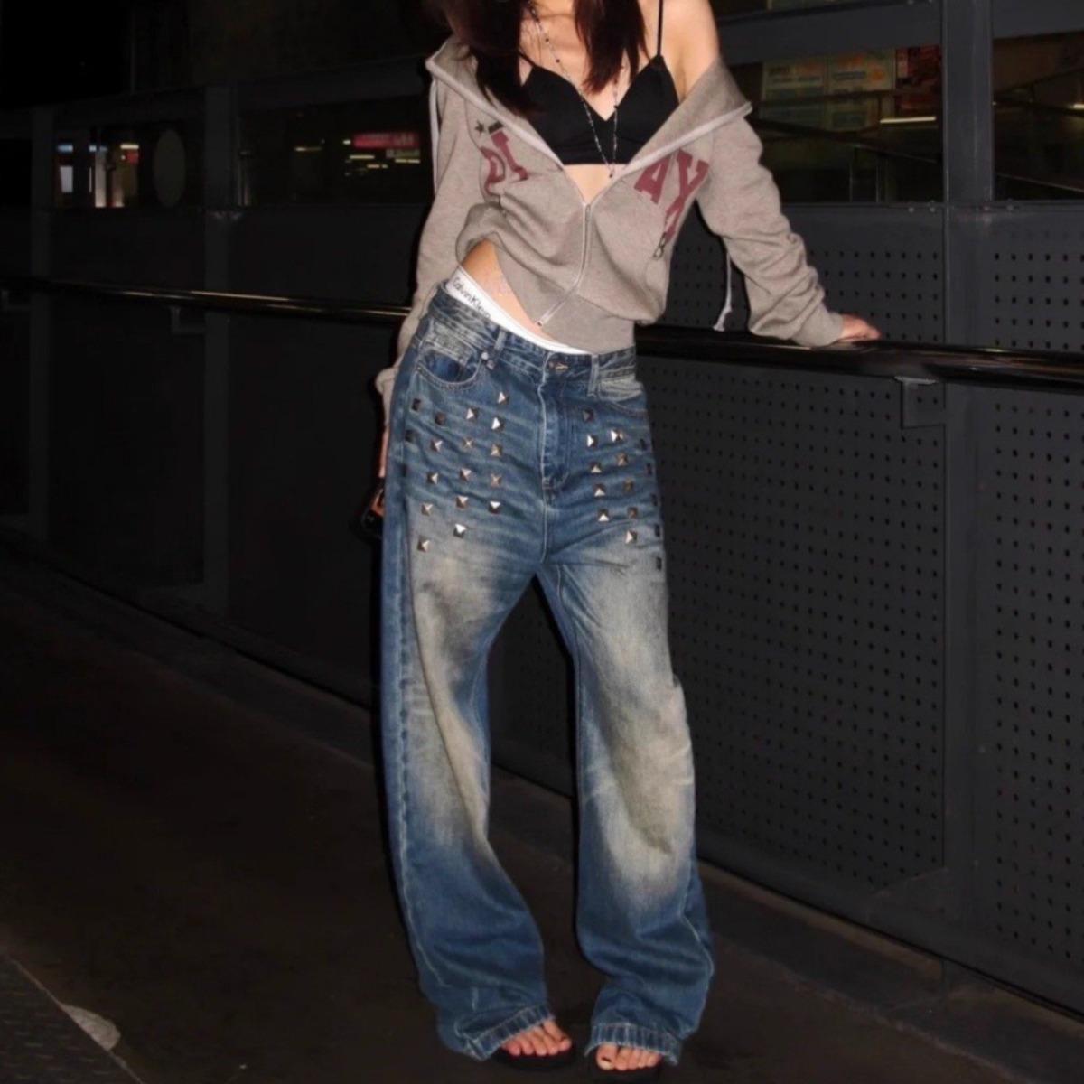 VibeStreet Retro Distred American High Street Jeans For Women s  Wide Leg Floor-Length Pants with Rivet Denim Pants S синий