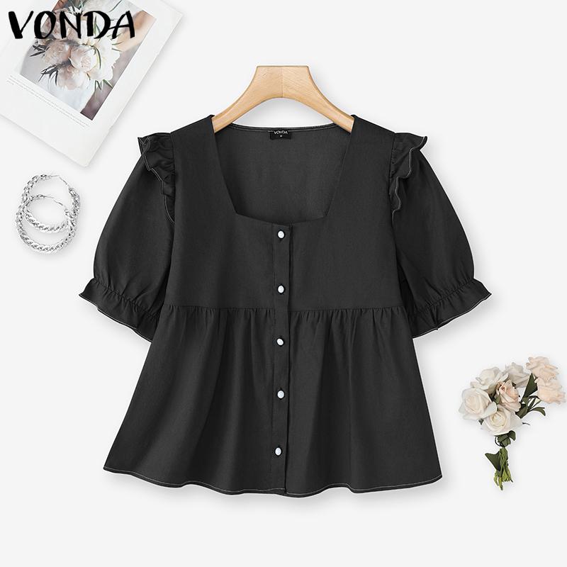 

ZANZEA Women Square Collar Short Sleeve Buttons Up Ruffled Casual Blouse S