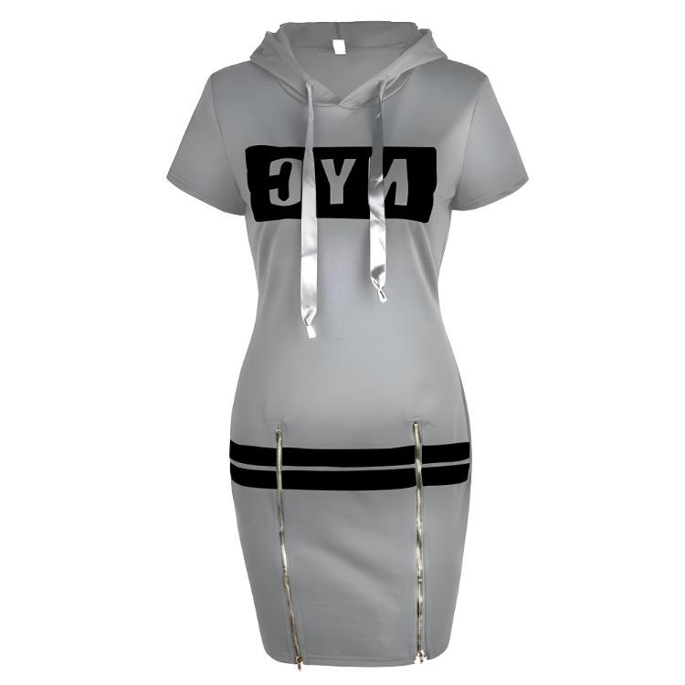 

Women Fashion Bodycon Short Dress Casual Short Sleeve Hoodie with Letter Pattern Drawstring Zipper Hoody 2XL сірий