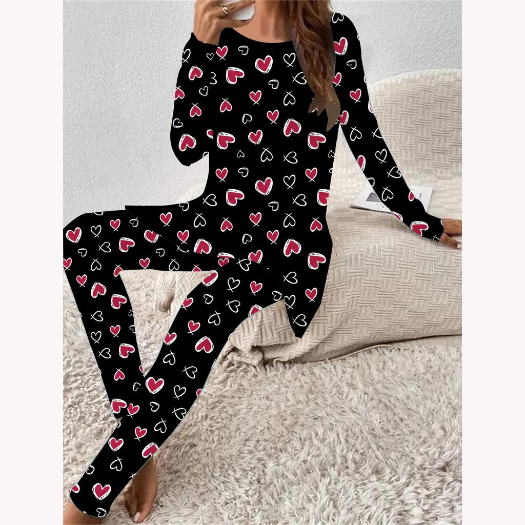 Euroamerikanische Mode 3D Herzsymbol Druck Damen Vier-Jahreszeiten Langarm T-Shirt + Lange Hose Zweiteiliges Set. Perfektes Geschenk zum Valentinstag