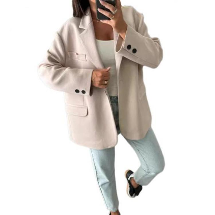 Warm Woolen Loose Casual Long Sleeves Oversized Single Breasted Lapel Collar Women Winter Jacket Solid Color Top Coat Autumn