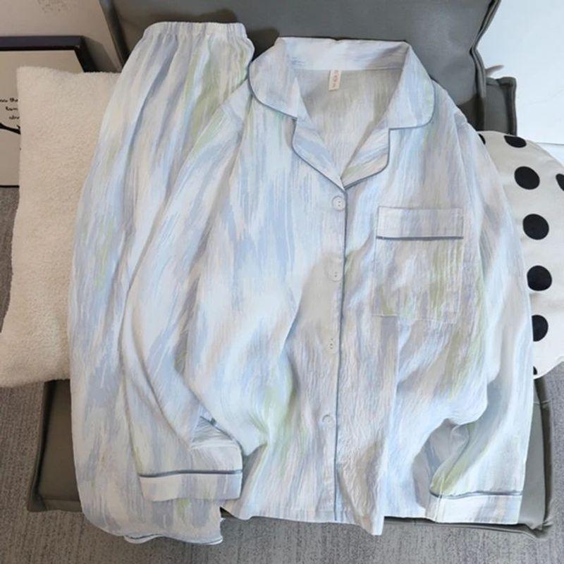 

Collar Elastic Waist Thin Home Suit Cover Lapel Elastic Waist Homewear Set 826Blue stripes L(L)