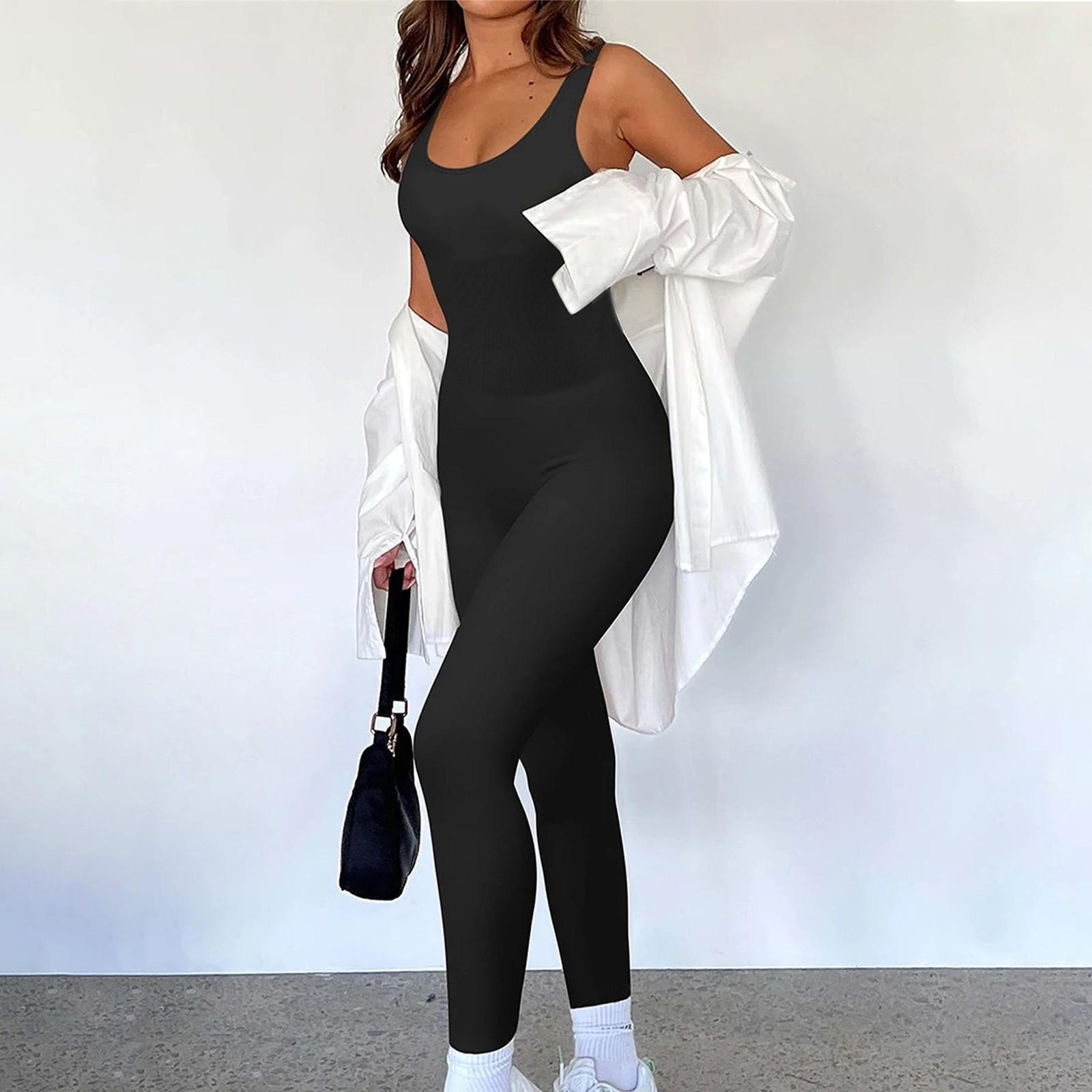 Women s Sleeveless Tank Top Jumpsuit Threaded O-Neck Hip Lift Slim Sexy Jumpsuit Backless Jumpsuit L чёрный