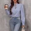 Fashion V-neck Lace-up Striped Women Long Sleeved Shirt Button-up Loose Elegant Casual Office Blouse Spring Autumn Simple Streetwear Women Clothing