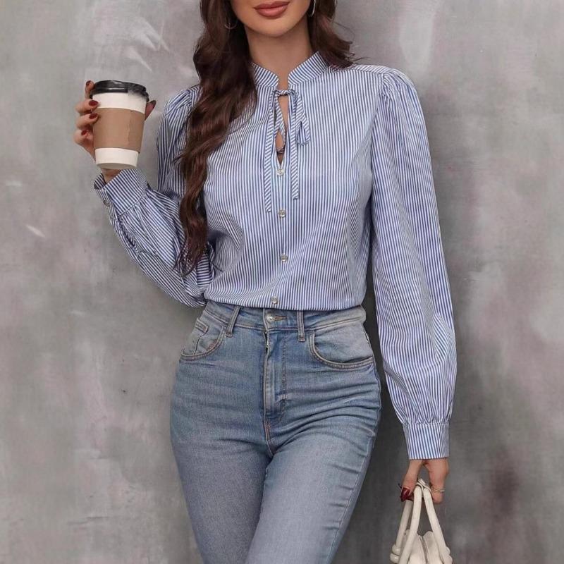 Fashion V-neck Lace-up Striped Women Long Sleeved Shirt Button-up Loose Elegant Casual Office Blouse Spring Autumn Simple Streetwear Women Clothing