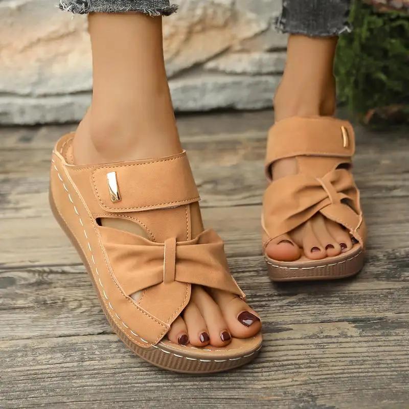 Fashion Vintage Soft Sole Platform Wedge Heels Slippers Women 2025 Summer Hollowed Out Bowknot Slides Bohemia Non Slip Beach Sandals