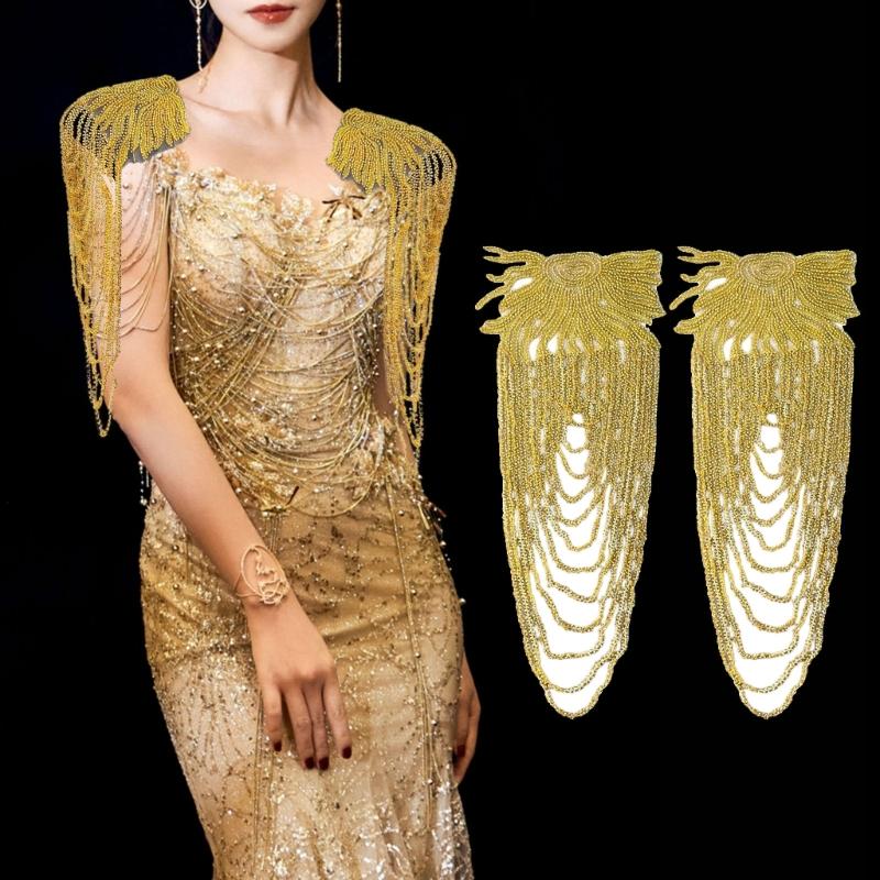 Pair Of Glittering Sequins And Beads Fringe Trim For Shoulder Embellishment Comfortable Wear In Event Craft Decoration