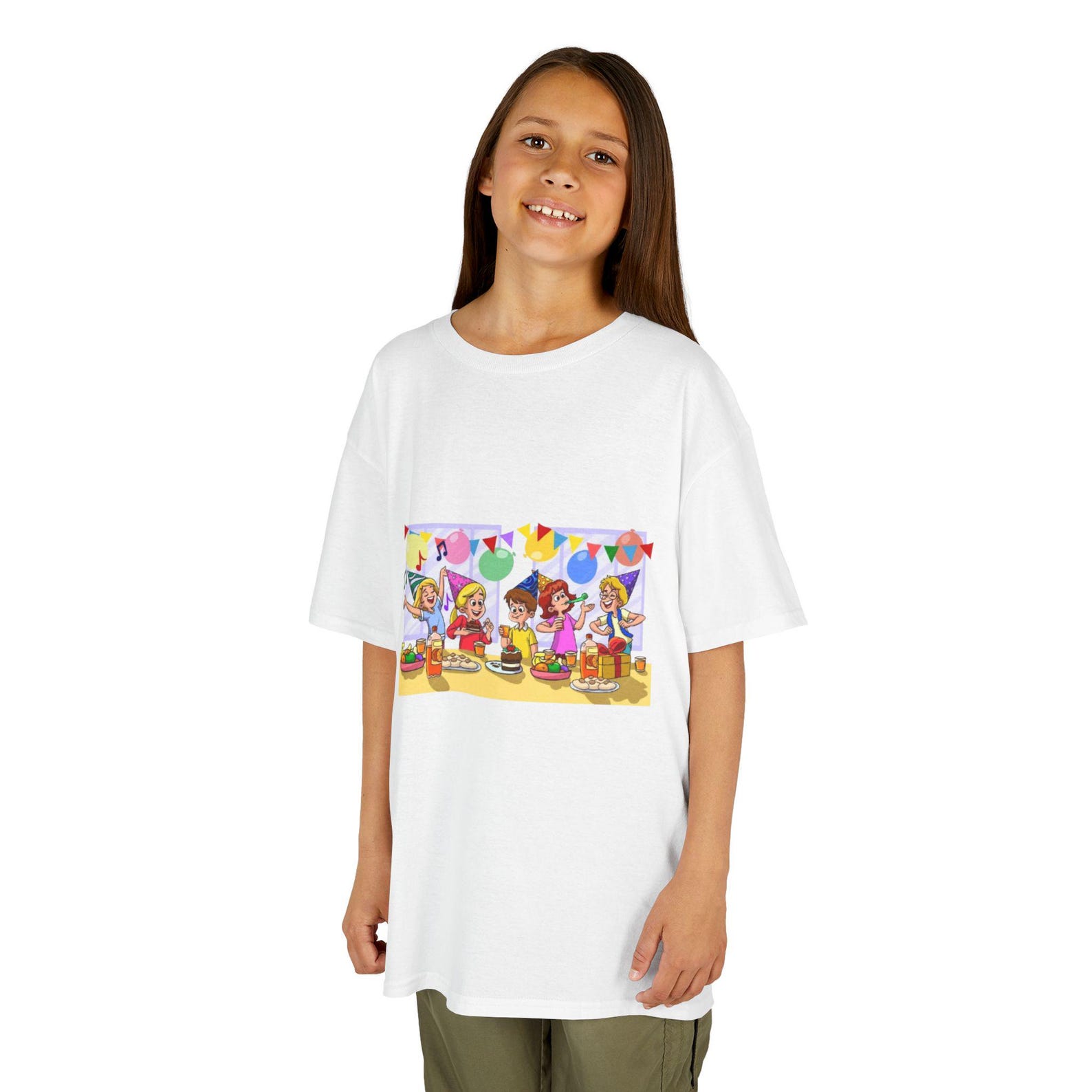 Kids Birthday Party Illustration Tee | Children Celebrating with Cake and Balloons 130