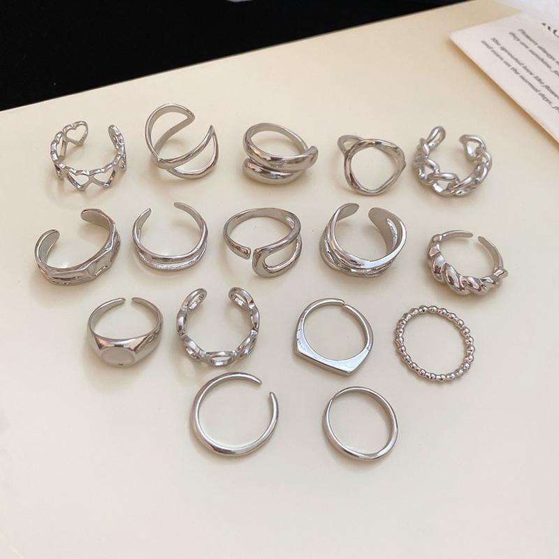 16-Piece metallic irregular geometric double-layer open ring simple jewelry
