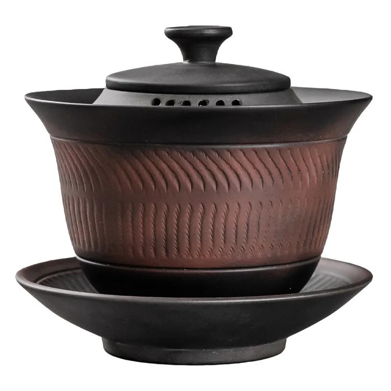 Purple Pottery Tea Set Sancai Gaiwan Tea Cup Single High-Grade Kung Fu Tea Bowl with Lid Ceramic Gaiwan Household