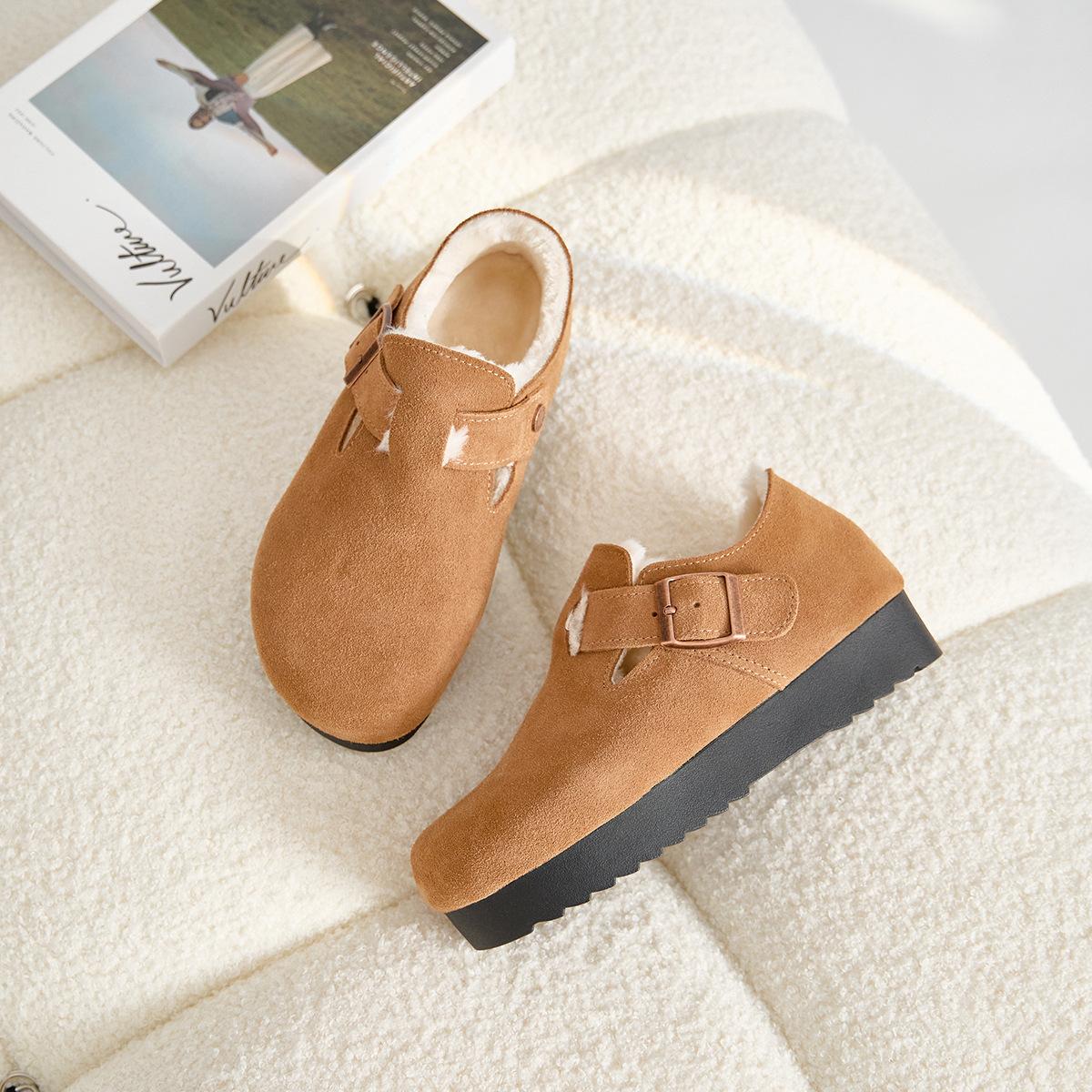 

Cotton shoes leather thick-soled Birkenstocks women s inner height increase 2025 new winter fluffy shoes warm and piled thickened snow shoes 39