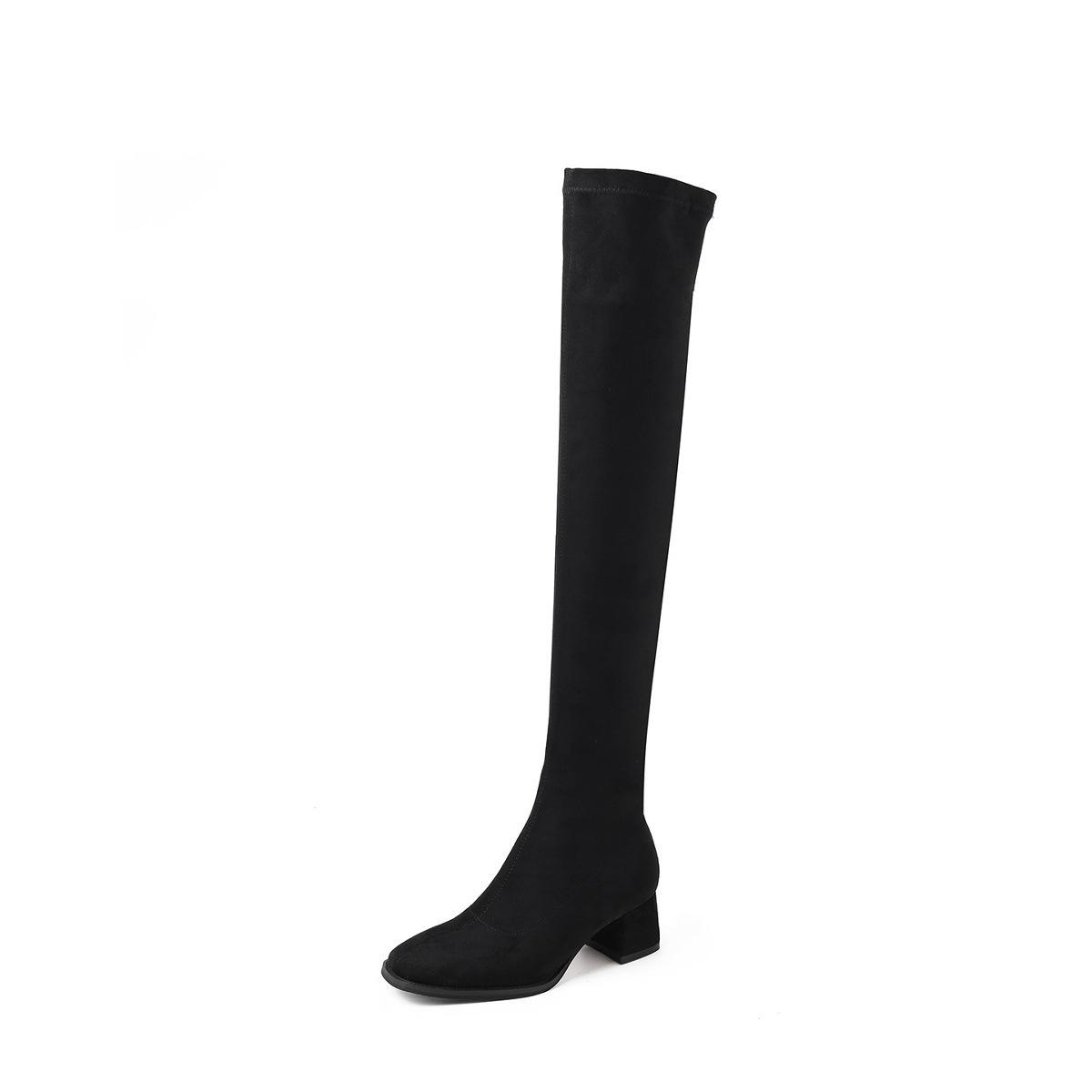 First encounter with Ji Square Head Thick Heel Over Knee Long Boots Elastic Skinny Boots Khaki Long Boots Skinny 35