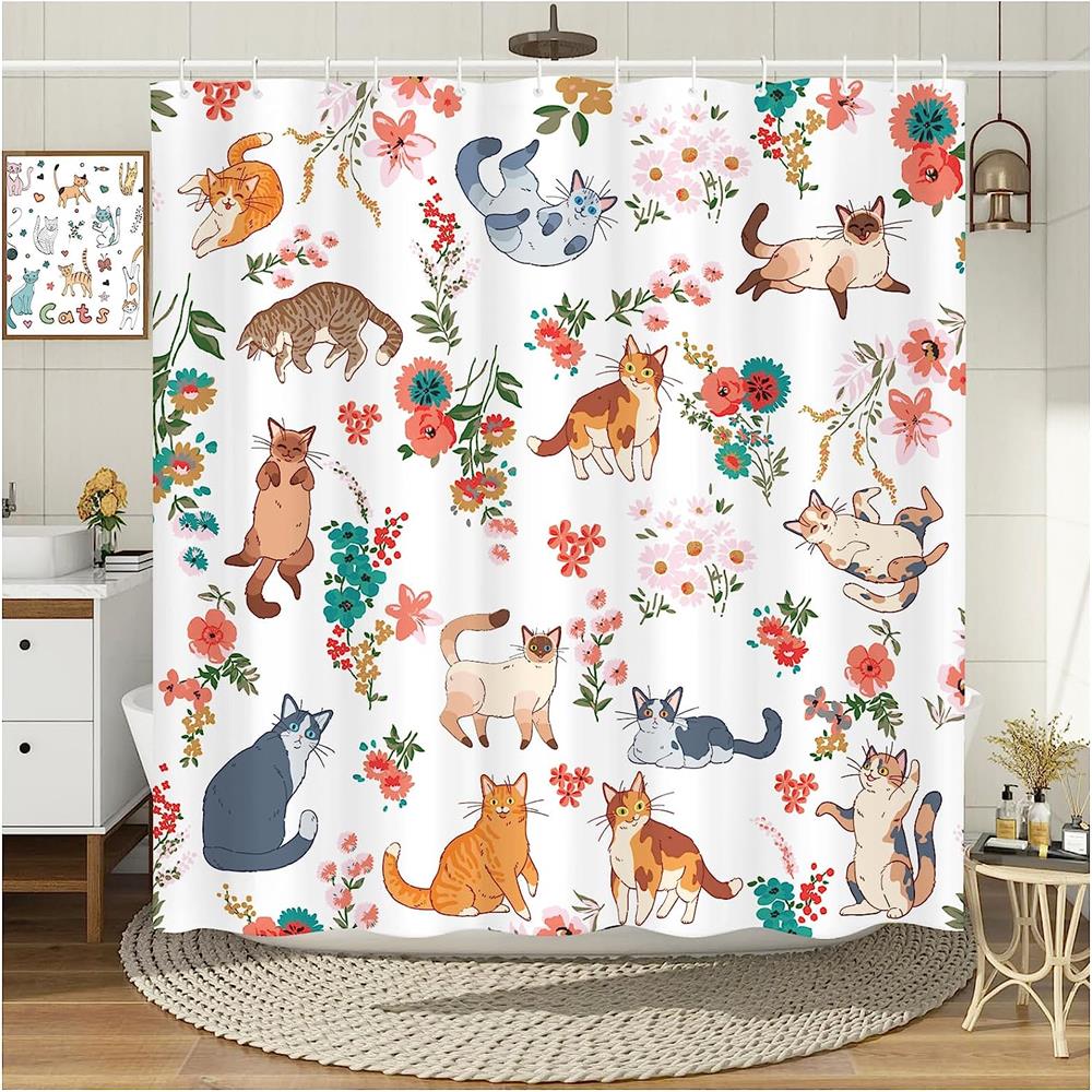 Funny Cats Shower Curtains Cute Cartoon Animal Pet Floral Bath Curtain Set Polyester Fabric Black Bathroom Decoration with Hooks
