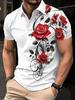 Trendy Rose Print Short Sleeve Polo Shirt, Casual Fashion Top For Men