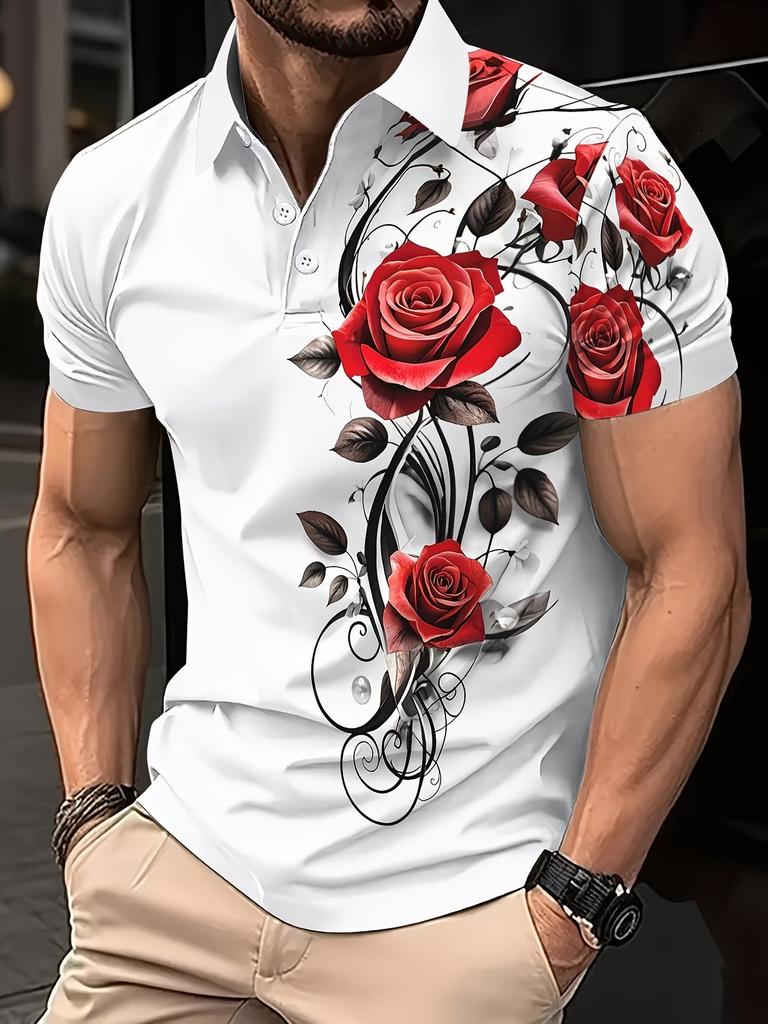 Trendy Rose Print Short Sleeve Polo Shirt, Casual Fashion Top For Men