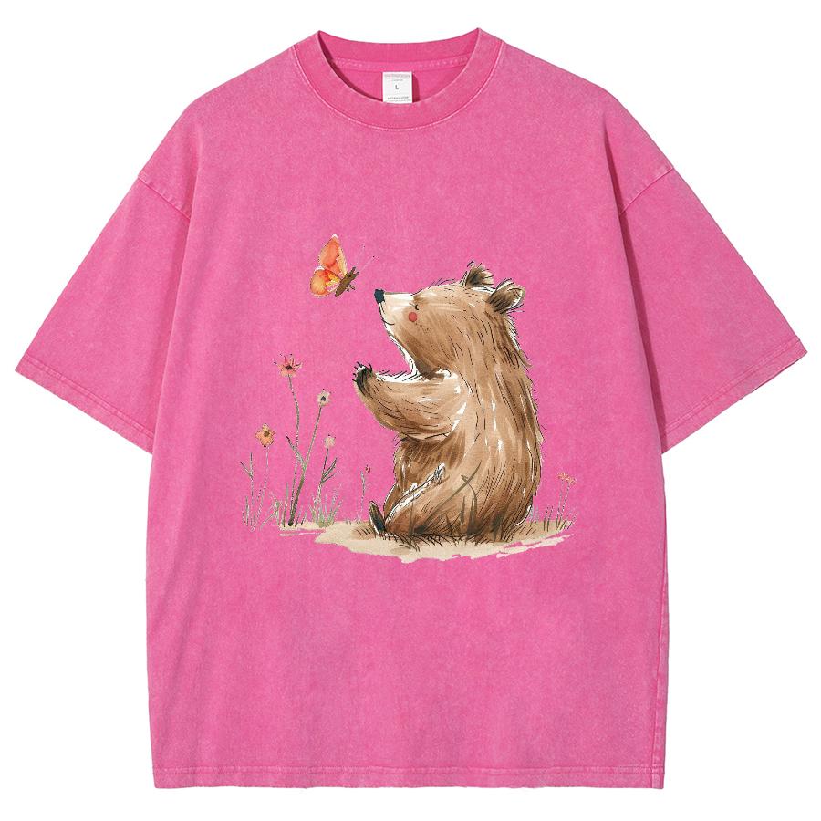 Cartoon Hand Painted Brown Bear Print Women's T-Shirt Washed Oversized Loose Short Sleeve Unisex Retro Faux Denim Top