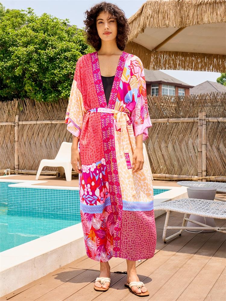 

EDOLYNSA шикарное женское кимоно с принтом больших размеров розовое платье-кимоно с поясом сексуальный купальник накидки домашний халат отпуск пляжная вечеринка банный халат Q1414 One size розовый