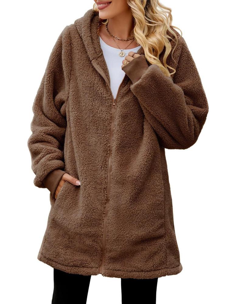 Winter loose plush women's long sleeved hooded zipper cardigan jacket