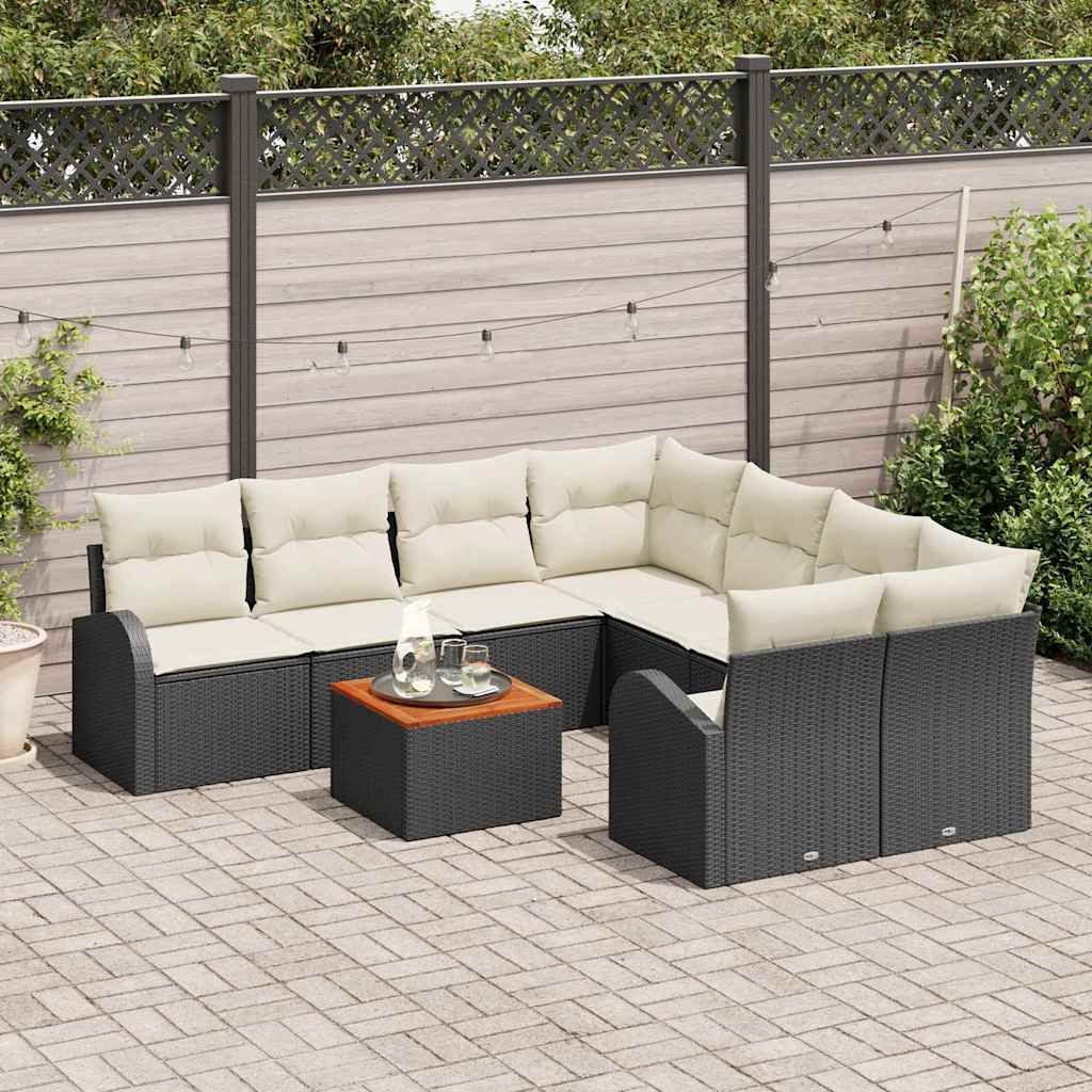 9 Piece Garden Sofa Set with Cushions Black Poly Rattan