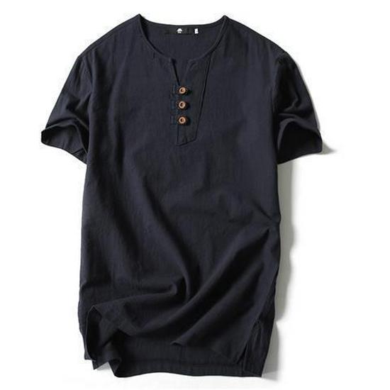 Men's Chinese-Style V-Neck Linen T-Shirt - Short-Sleeved, Solid Color, Summer Cotton Blend