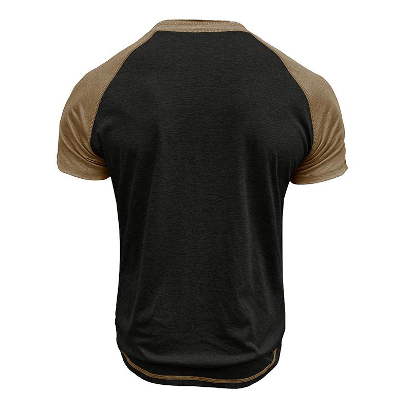 Men's Summer Short Sleeve T-Shirt Fashion Patchwork Henry Collar Button Casual Tees Tops