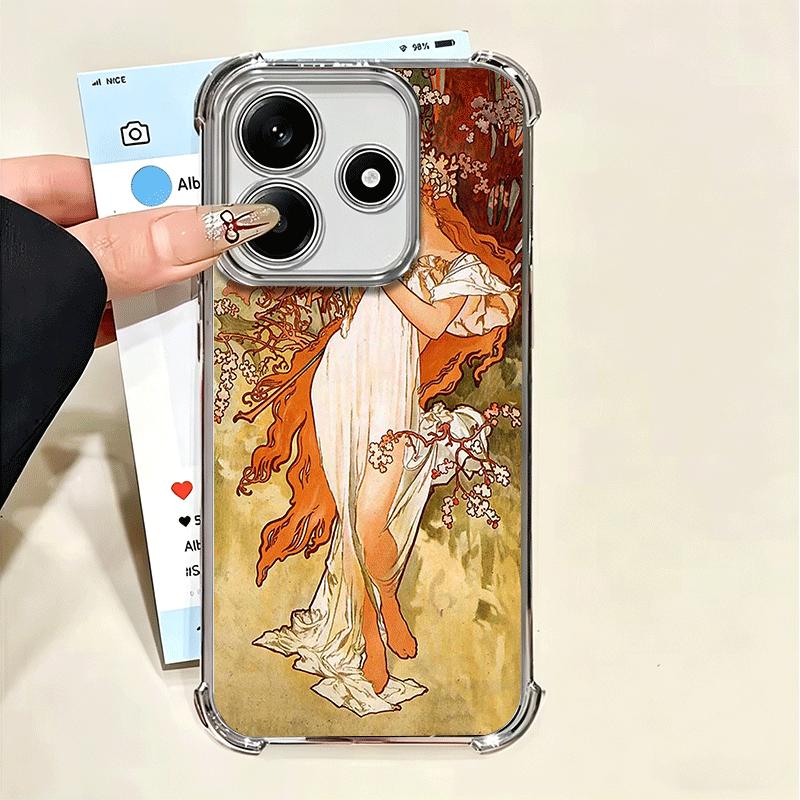 Vintage Alfons Mucha Primavera Plating Phone Case For Xiaomi Poco X5 X6 X7 X8 Pro Max F8 Ultra F7 M8 M7 M5S Redmi 15C 15 14C 13C