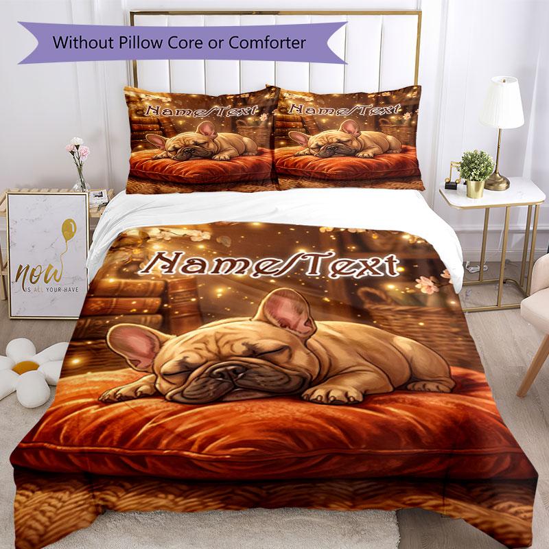 3PC Custom Name Cozy French Bulldog Nap Bedding Set Printed  Bedding Set Duvet Cover Closure Includes 1 Duvet Cover & 40 Pillowcases for Bedroom