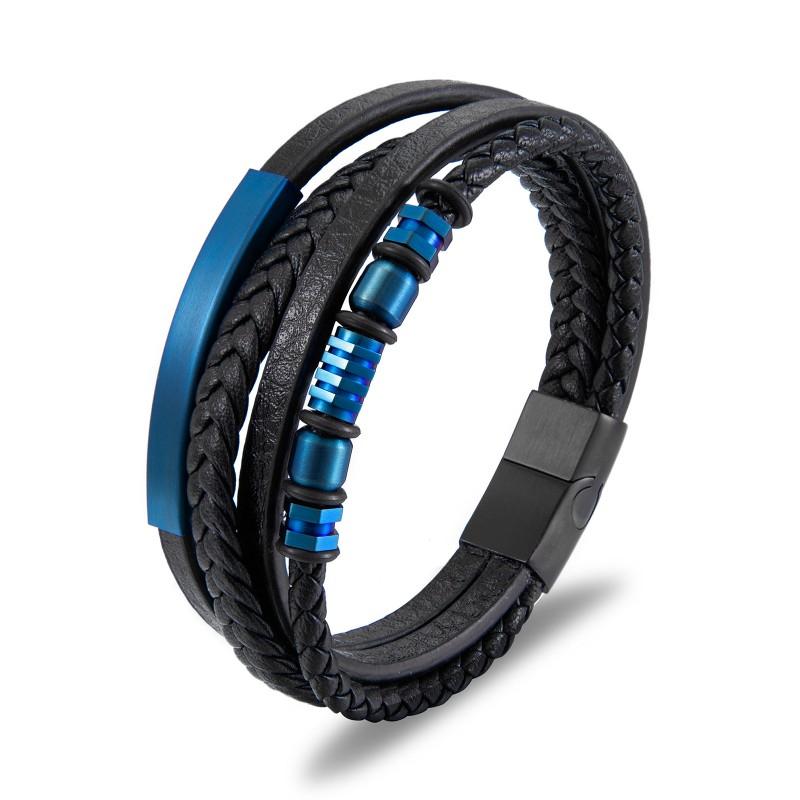 Stainless Steel Mens Braided Leather Wrap Bracelet Geometric Design Cycling Safety Accessory