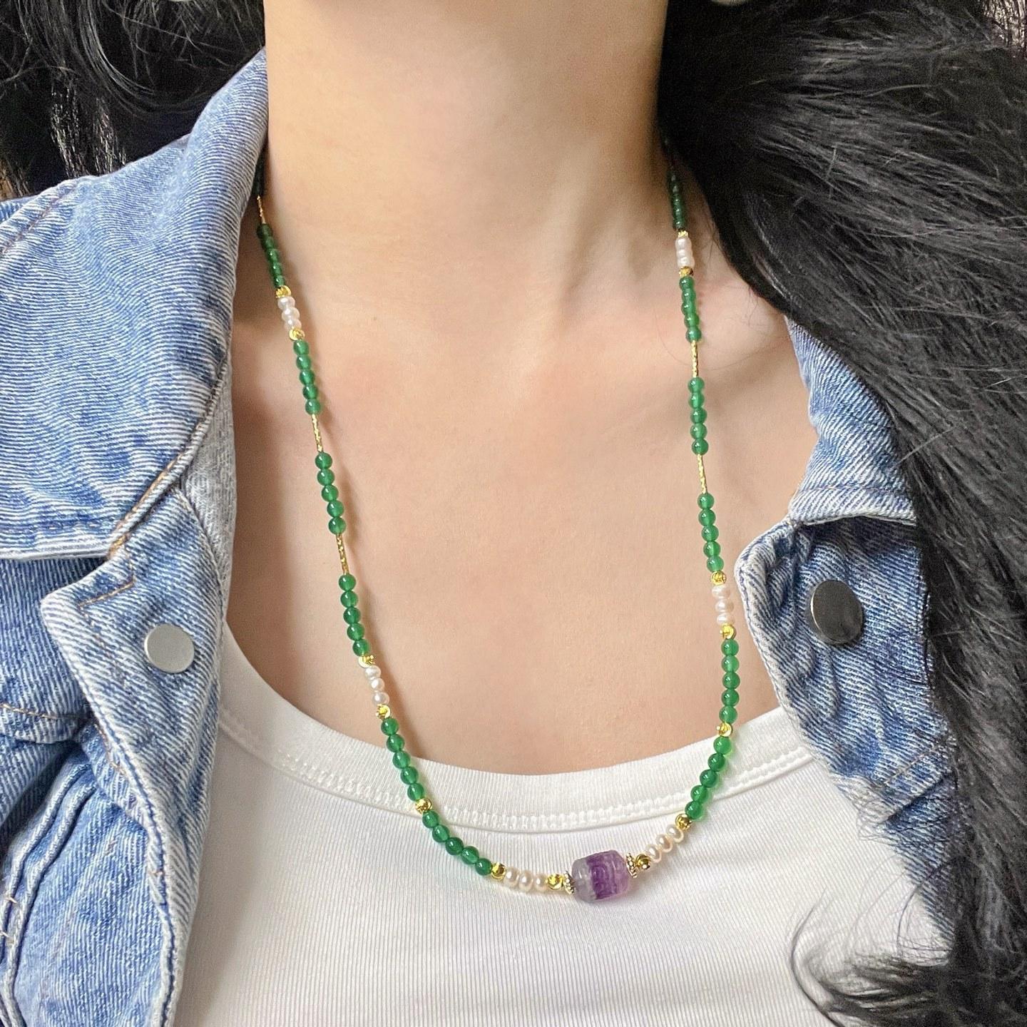 High Quality Natural Freshwater Pearl Ice Transparent Chalcedony Sweater Chain Necklace