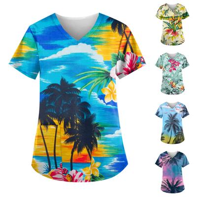Camisetas de trabalho femininas com estampa personalizada de manga curta e decote em V