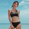 Kaoyi Black Halter Bikini: Sexy Split Swimsuit with Gathered Cups and Lace-Up Details for Women