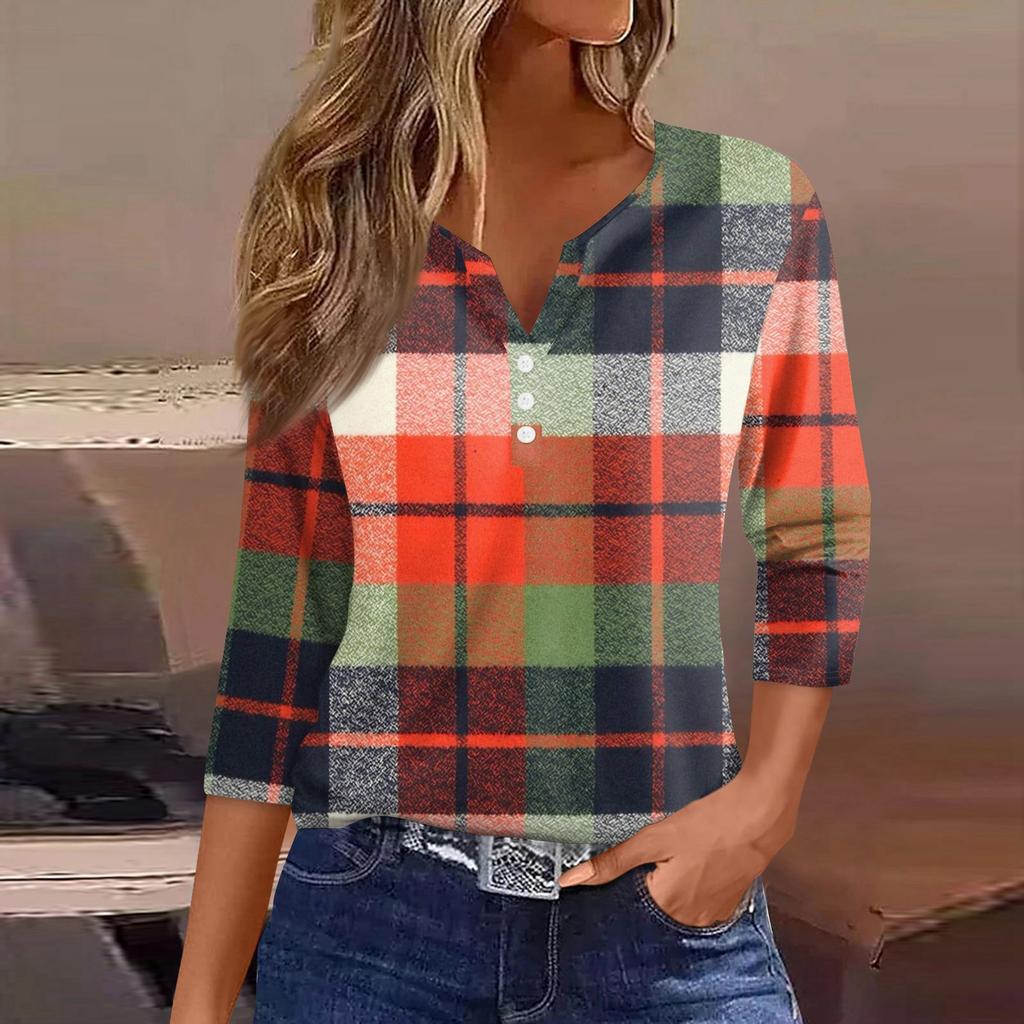 Women's T Shirt Tee Printed Button 3/4 Sleeve Tunic Daily Weekend Fashion Basic V- Neck Regular Top