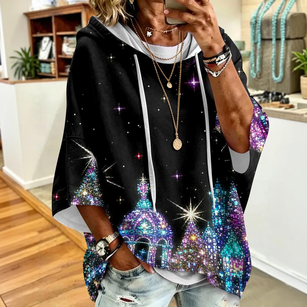 Women's Christmas Printed Hooded Sweatshirt Loose Fit Casual Pullover Top