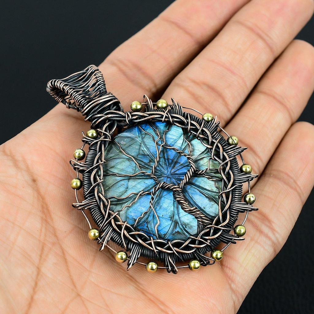 Unique Tree Of Life Carved Labradorite Gemstone Handmade Pure Copper Wire Wrapped Pendant Jewelry