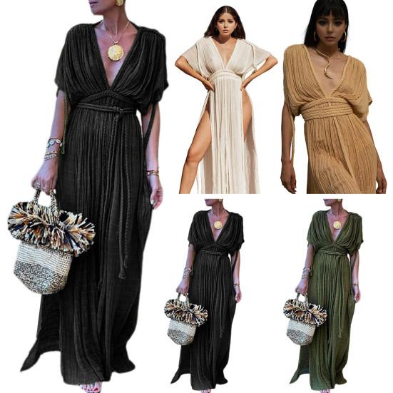 Lady Beach Maxi Dress Low-cut V Neck Short Sleevs Split Hem Pleated Lace-up Twisted Rope Decor High Waist Solid Color Long Bikini Coverup