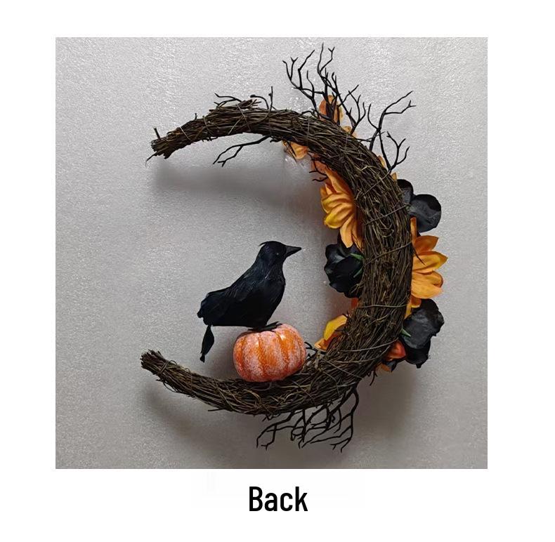 Gruseliger Halloween-Kranz: Orange & Schwarze Krähe mit Mond, Kürbissen & Getrockneten Ranken – Perfekte Tür- oder Wand-Festivaldekoration