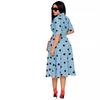 Women's African Polka Dot Dress: Mid-Sleeve, Suit Collar, Plus Size, Wide Hem & Belt